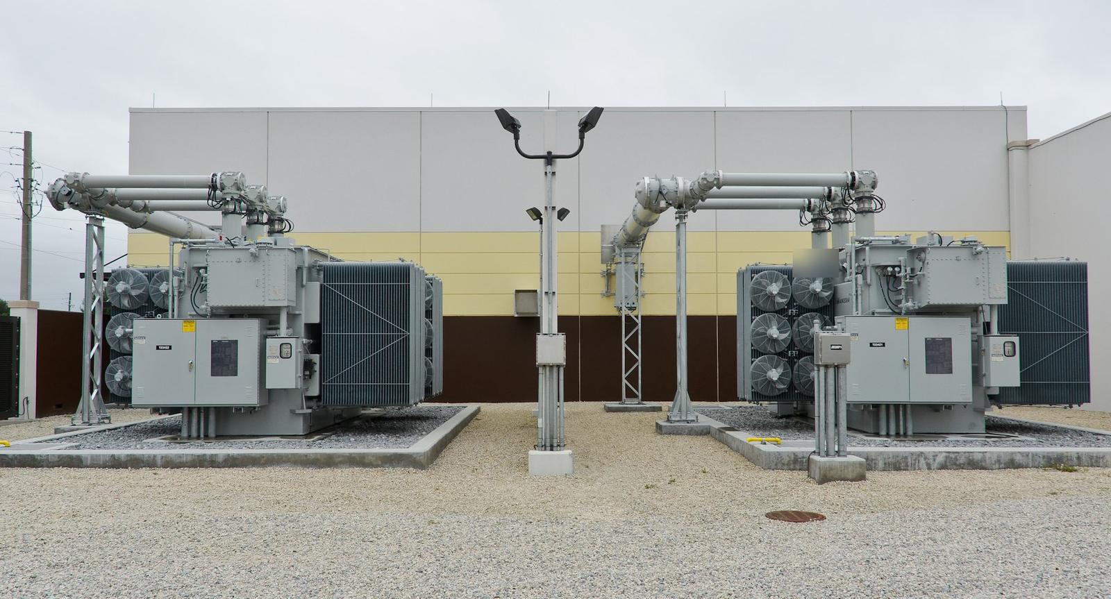 Power transformers with radiator banks at a substation